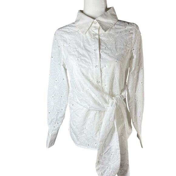 Gracia Bow Waist Long Sleeve Embroidered Full Button Top Size Small Minimalist - Picture 1 of 12